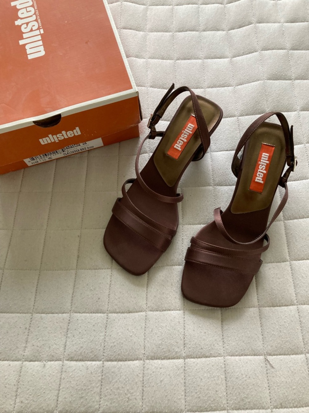 Unlisted Women’s Brown Satin Strappy Square-Toe 2” Heels